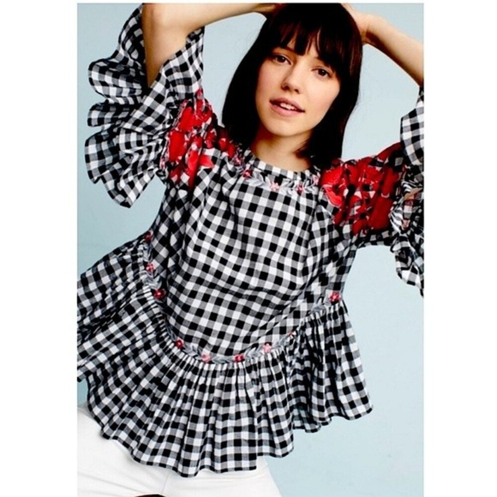 Anthropologie Pankaj and Nidhi Gingham Check Applique Cotton Top S NWOT - Picture 3 of 16